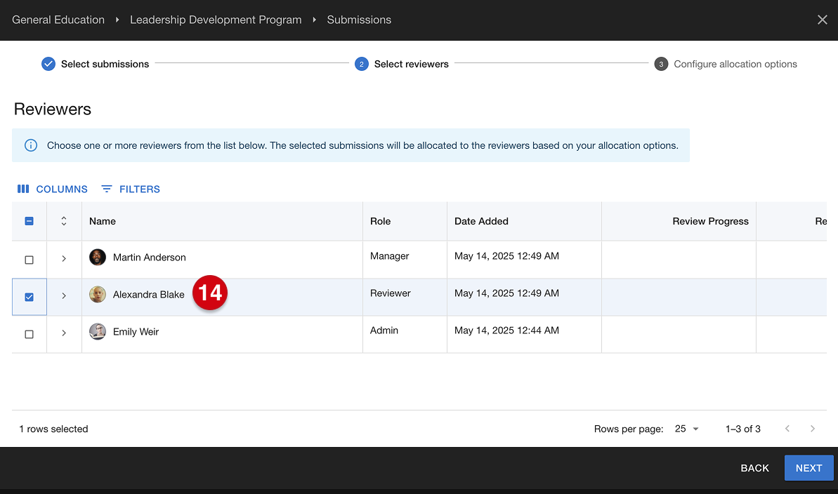 Program allocation process page with table of available reviewers marked with number guide 14