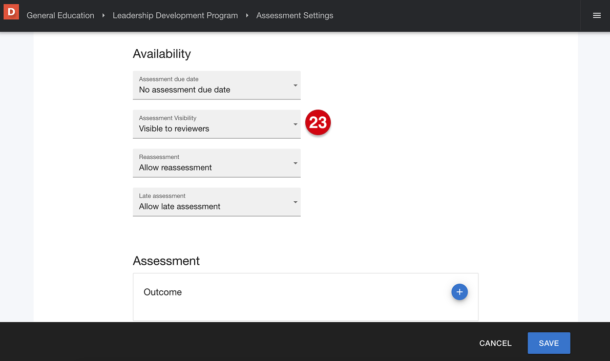 Program assessment settings page marked with number guide 23