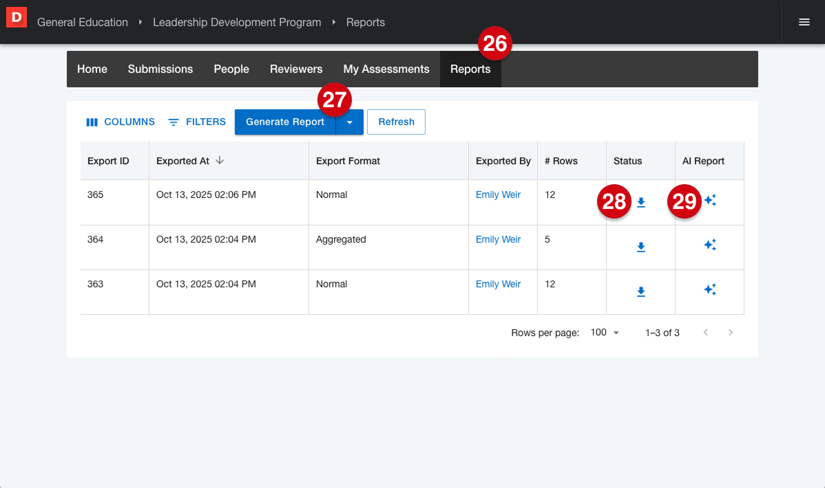 Program Reports page marked with number guides 26-29