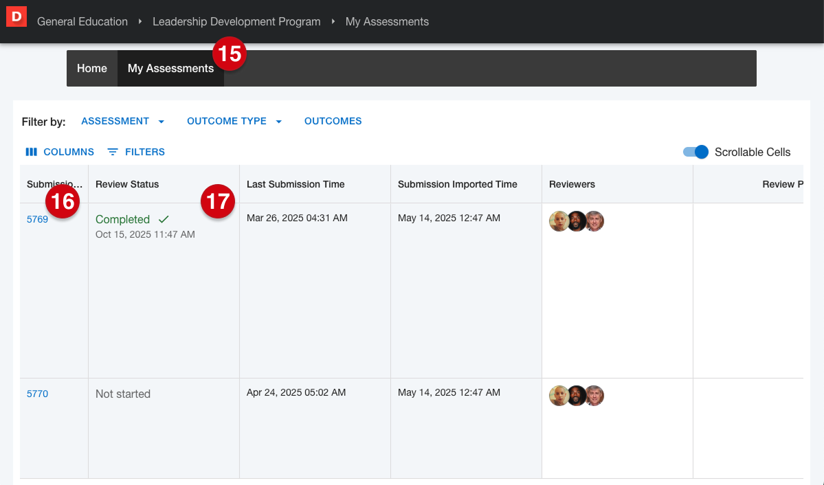 Reviewer My assessments page with table of assigned submissions marked with number guides 15, 16 and 17