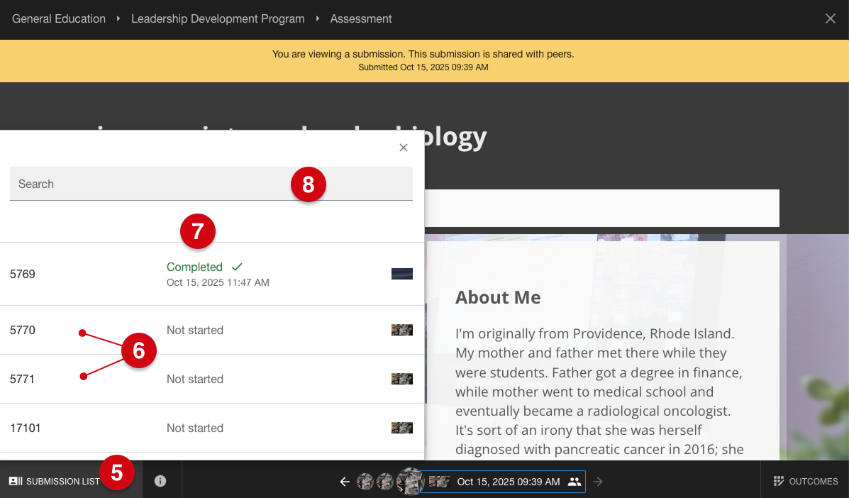 Submission assessment page and submission list marked with number guides 5, 6, 7 and 8
