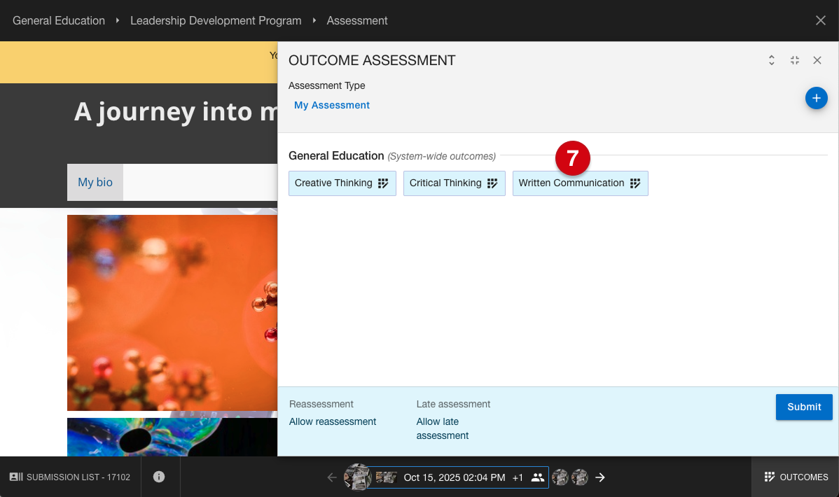 Submission assessment page and outcome assessment panel marked with number guide 7