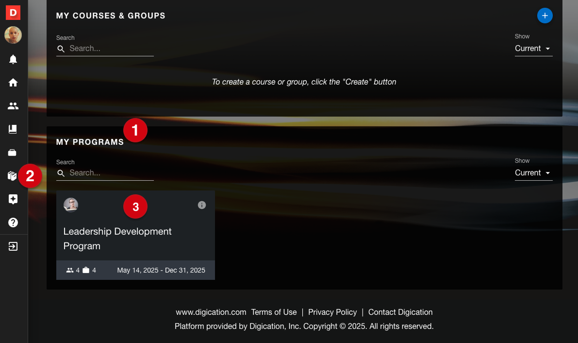 Dashboard showing My Programs section marked with number guides 1, 2 and 3