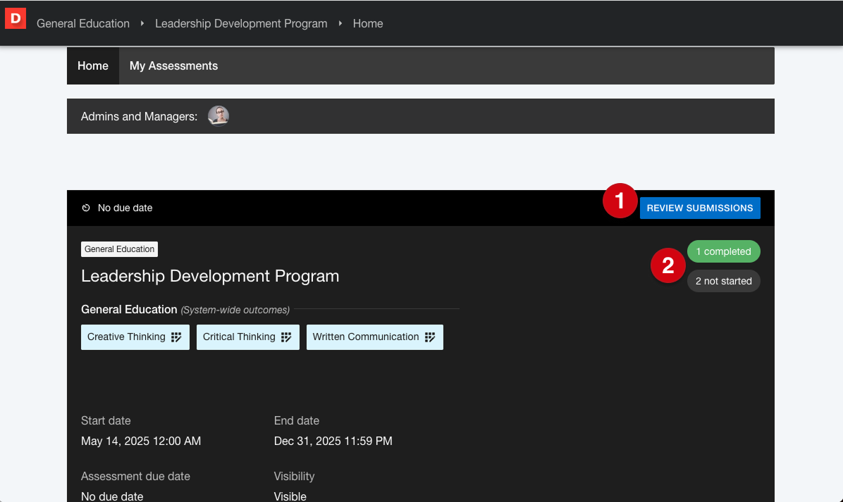 Program reviewer home page marked with number guides 1 and 2