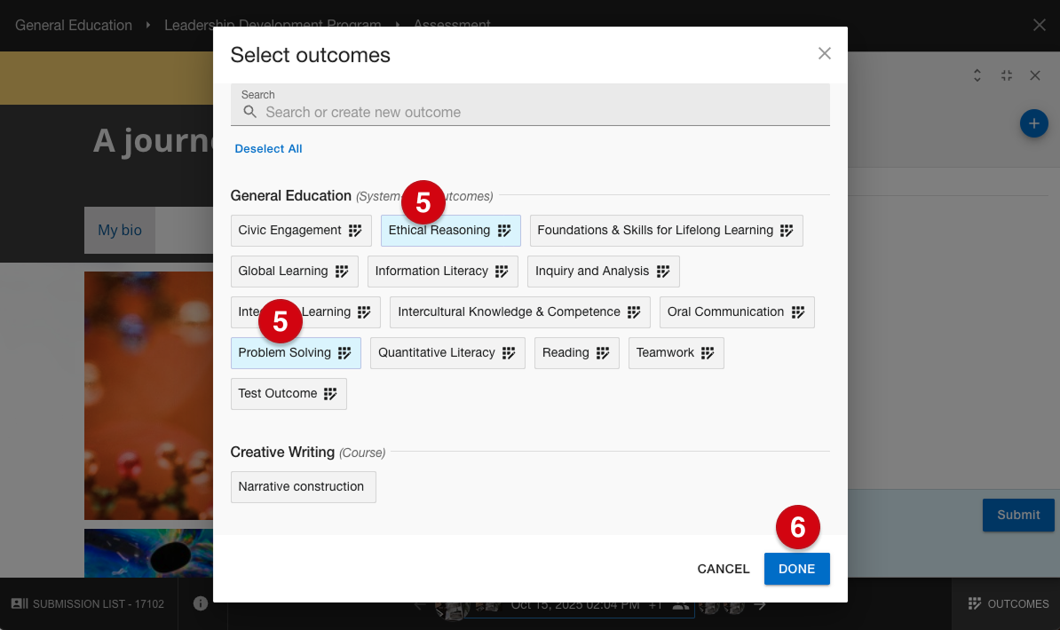 Submission assessment page overlaid with select outcomes window marked with number guides 5 and 6