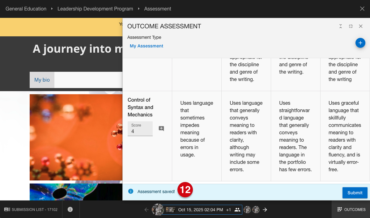 Submission assessment page and outcome assessment panel marked with number guide 12