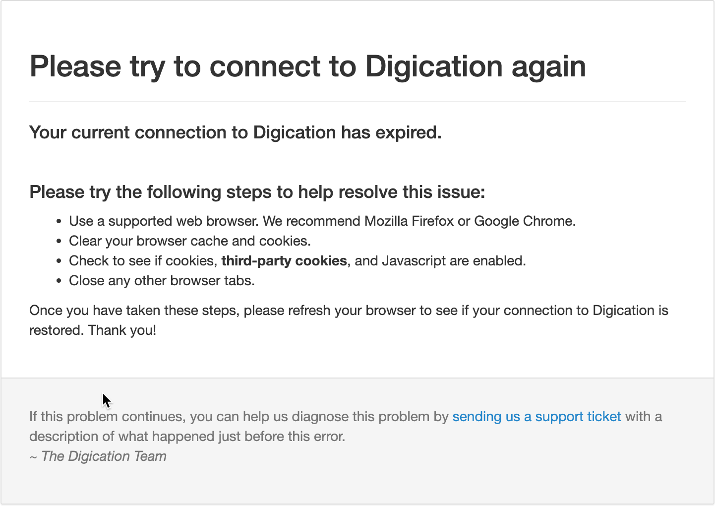 image of the error message produced when one tries to log in to Digication via LMS with third-party cookies blocked