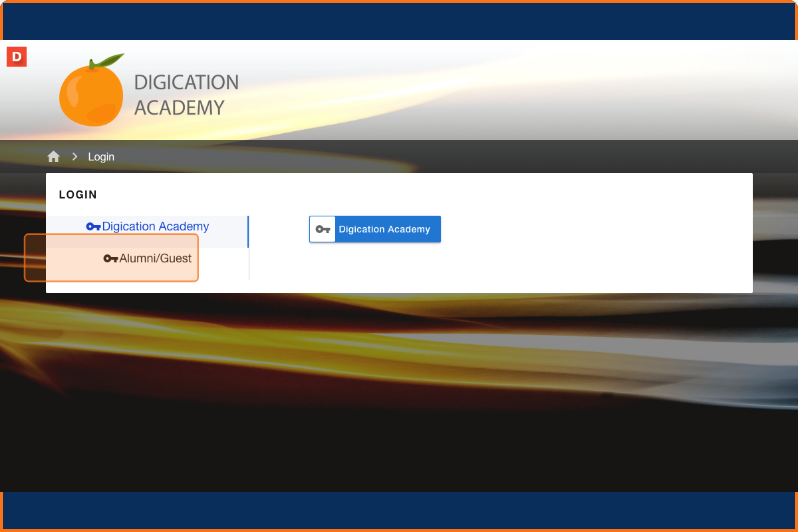 Login page with the Alumni/Guest login option highlighted alongside the organization SSO button