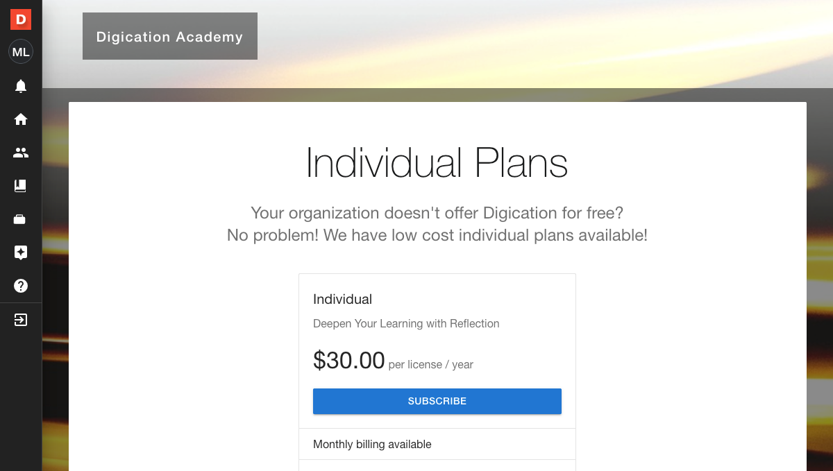 My License page in account settings showing the Individual Plan at thirty dollars per year