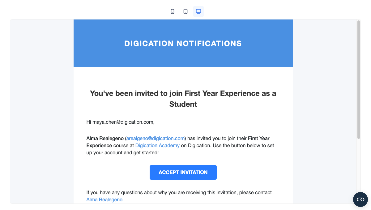Email inbox showing a Digication course invitation with the course name, sender, and action link