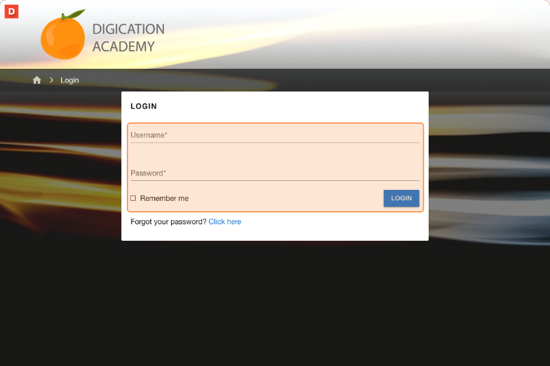 Organization login page showing Username and Password fields with a LOGIN button