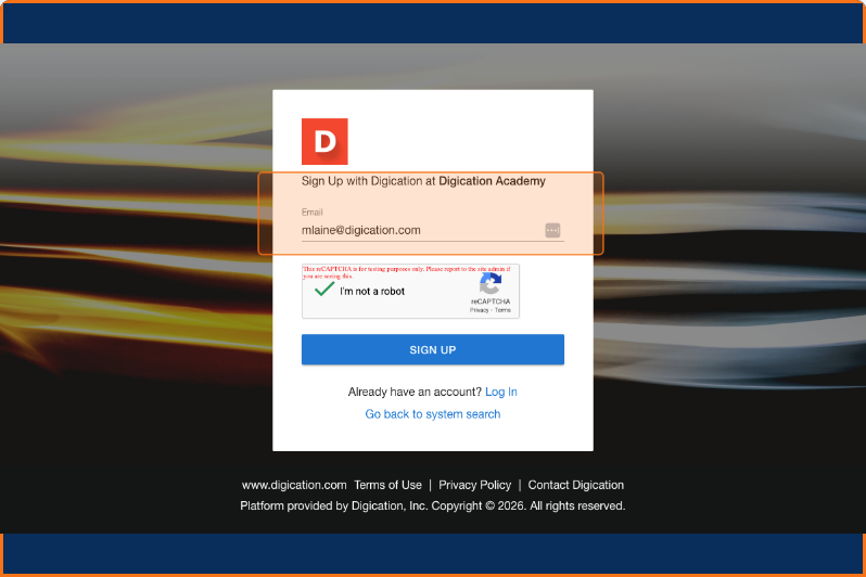 Signup form with the organization name pre-filled and an email field to continue joining the existing system