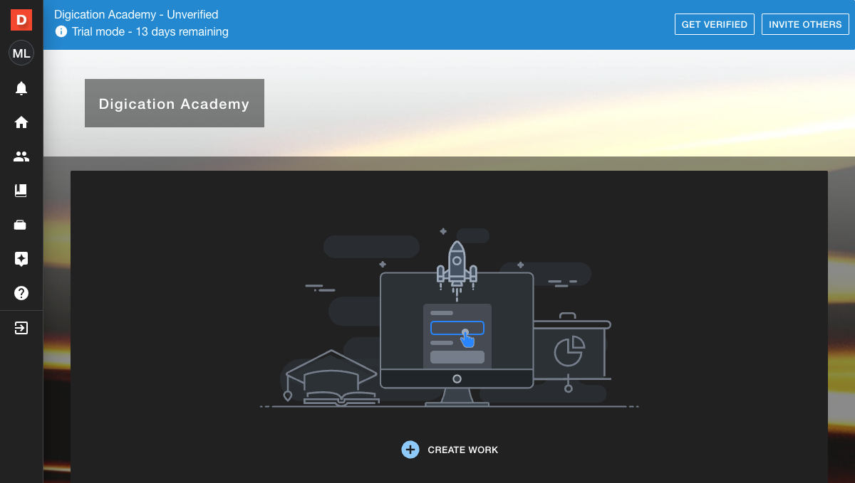 Digication dashboard showing a fourteen-day free trial with Get verified and Invite others prompts