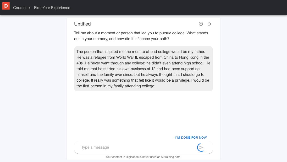 AI reflection assistant conversation showing the opening question and a text field for the student's first response