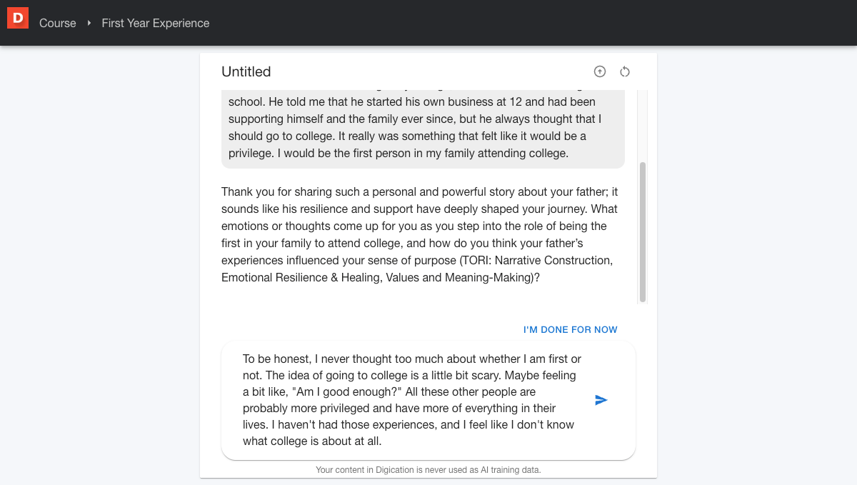 AI conversation showing the assistant responding to the student's specific words with a follow-up question