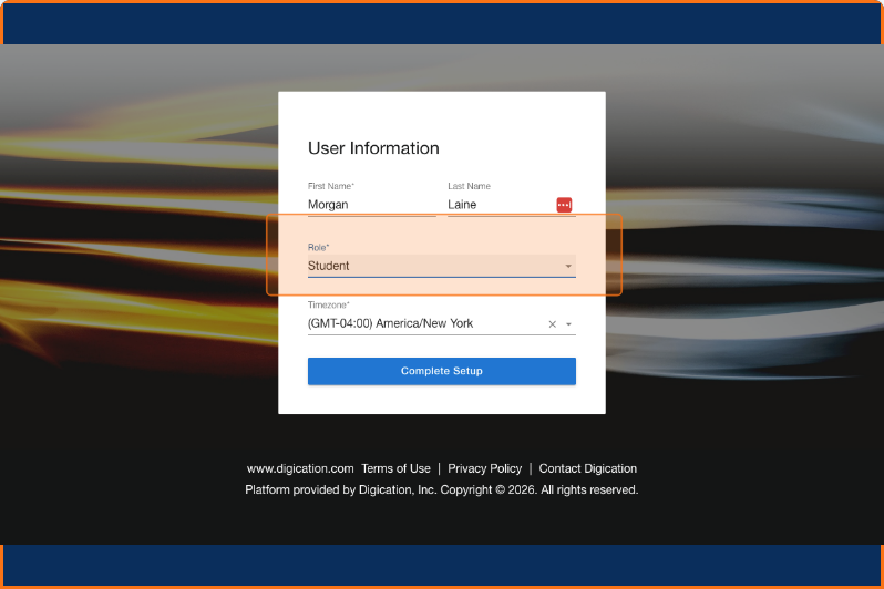 User information screen showing a role selection dropdown with four options: student, faculty, admin, alumni