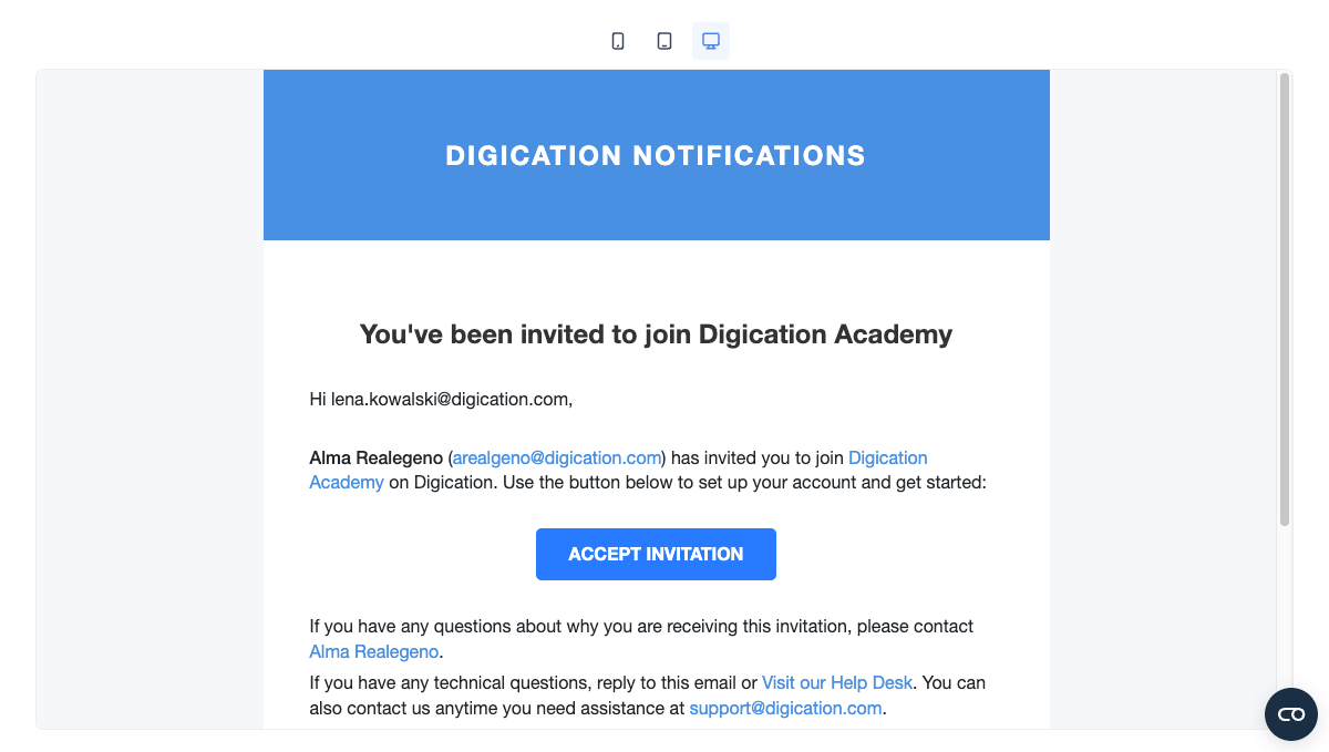Email inbox showing a Digication system invitation with invitation details and accept link