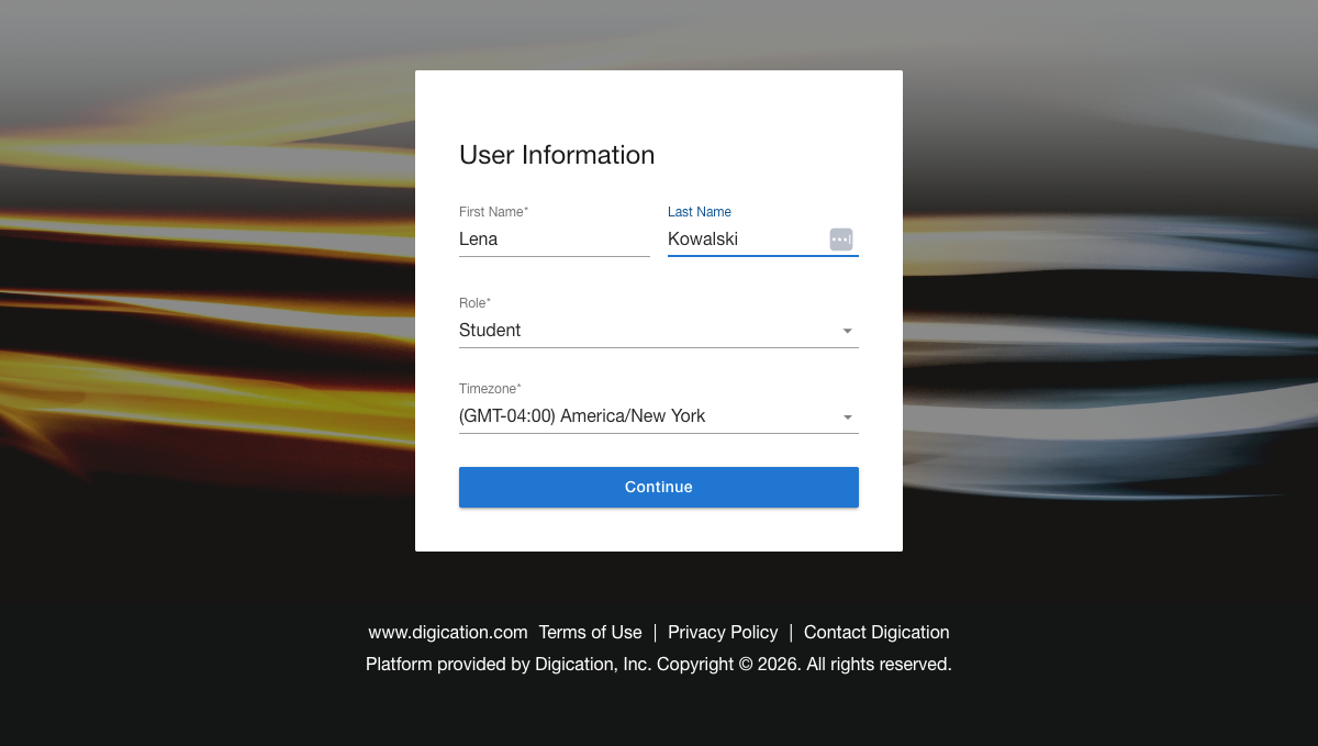 Signup form showing name and role selection fields after clicking an invitation link