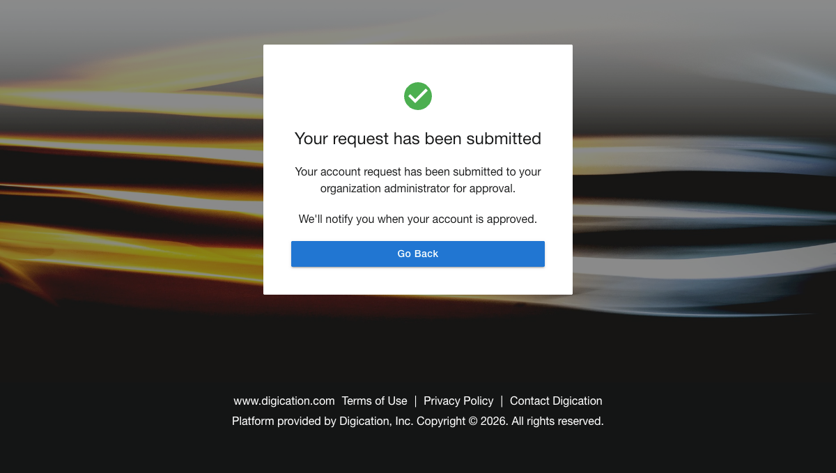 Waiting for approval screen shown after submitting a signup request when admin approval is required