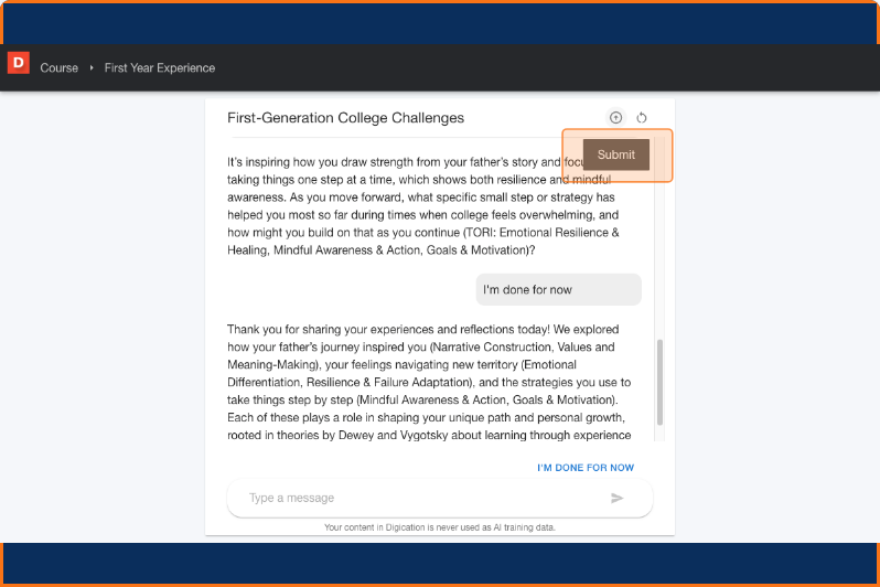 Reopened AI conversation showing all previous exchanges intact with the option to continue