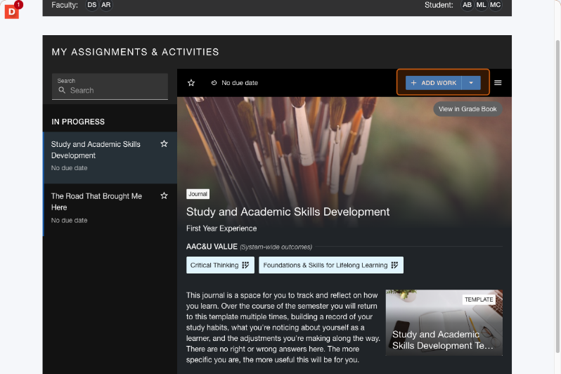 Assignment page with the assignment name visible and the Add Work button highlighted