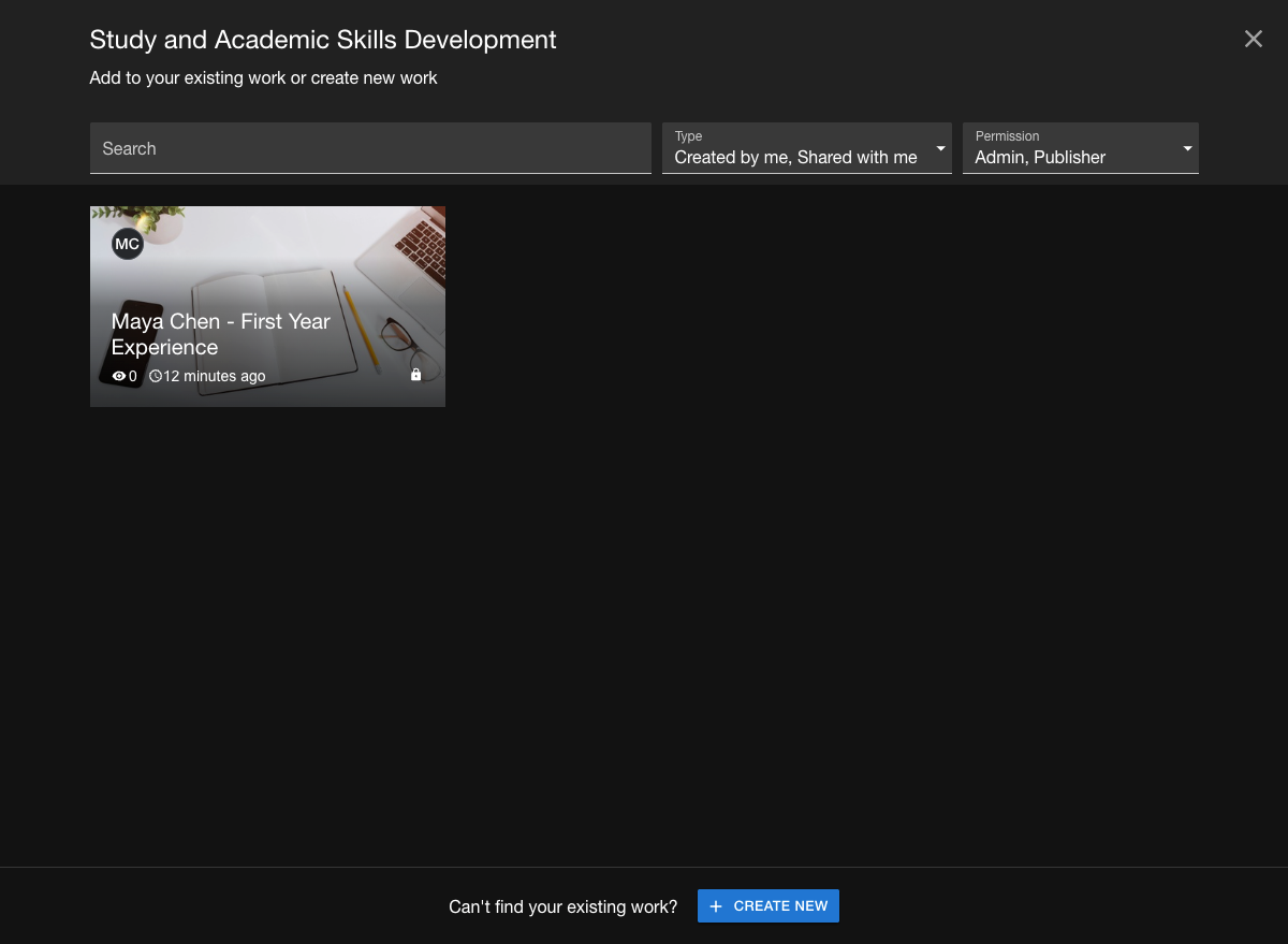 Screen showing options to create a new work or add an existing work to the assignment