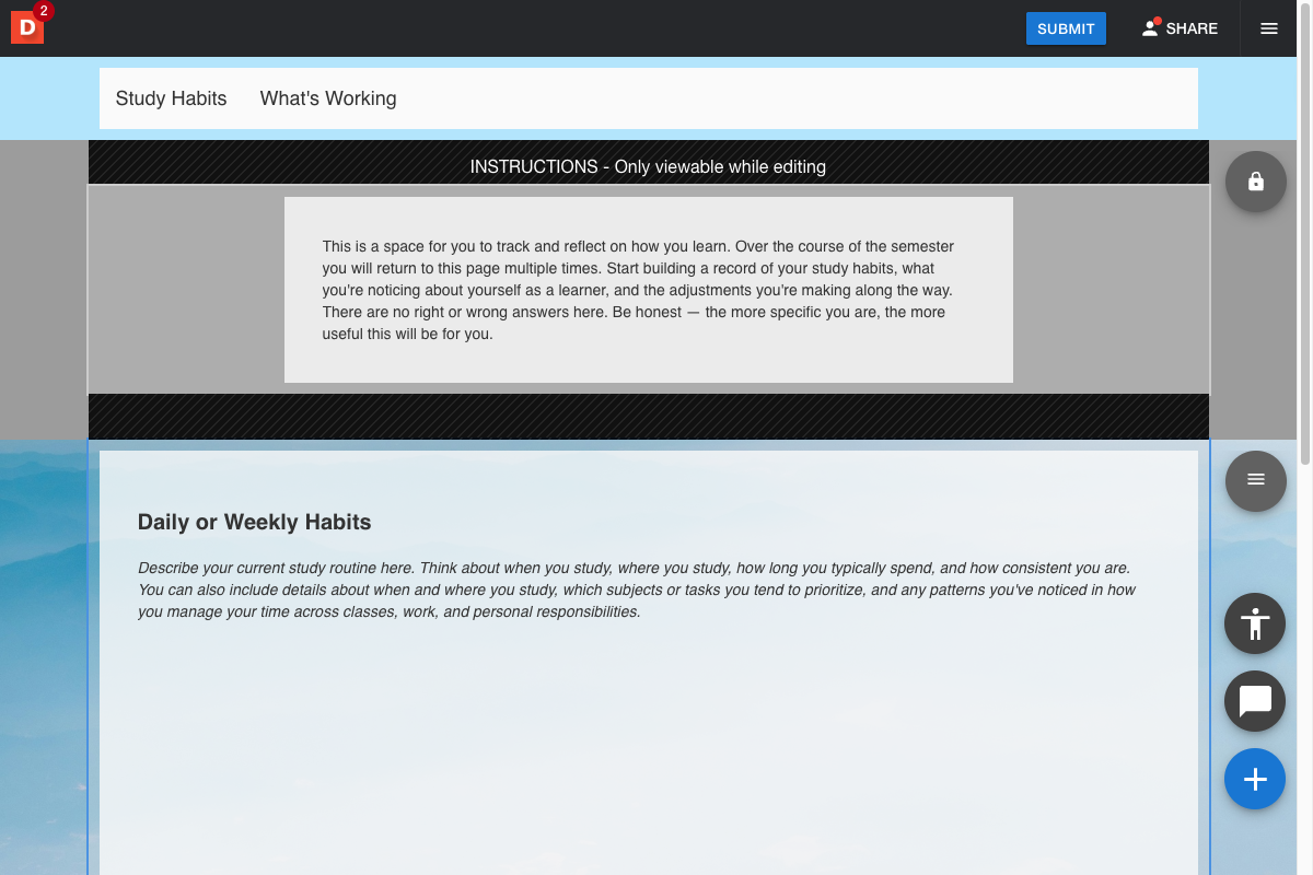Work in edit view with the template structure loaded, showing pre-built sections and page navigation