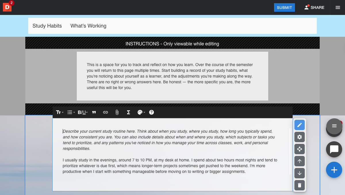 Section in edit view with a text module active and a module insertion point visible below