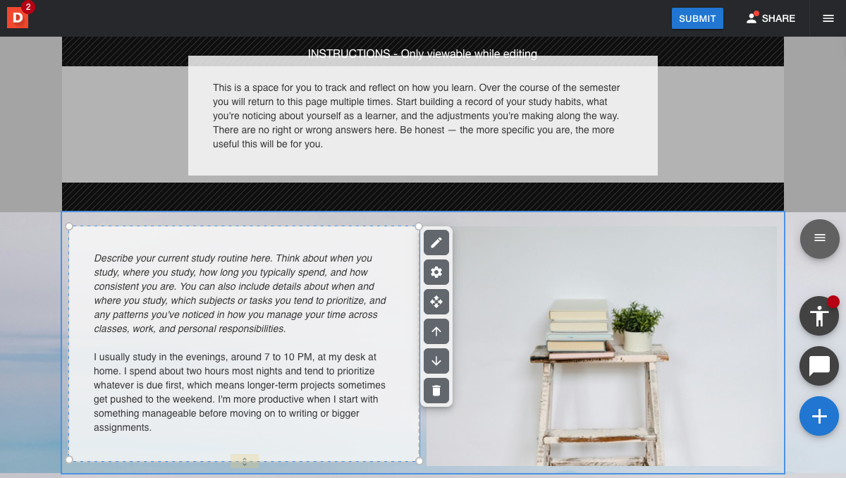 Section in edit view with text and image modules arranged side by side after dragging