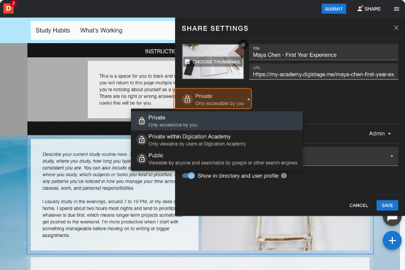 Share settings panel showing visibility options including private, link-only, and public