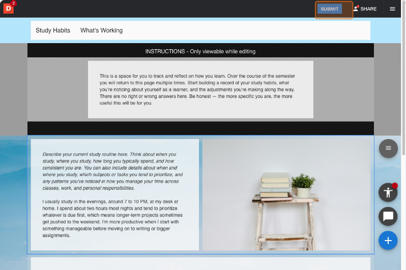 Work editor with the Submit button visible and highlighted in the toolbar
