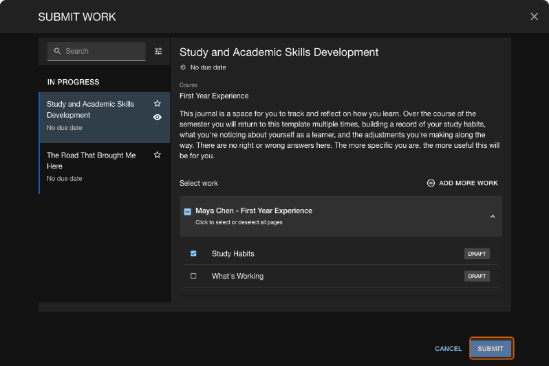 Submit Work dialog with the assignment selected and pages listed for selection