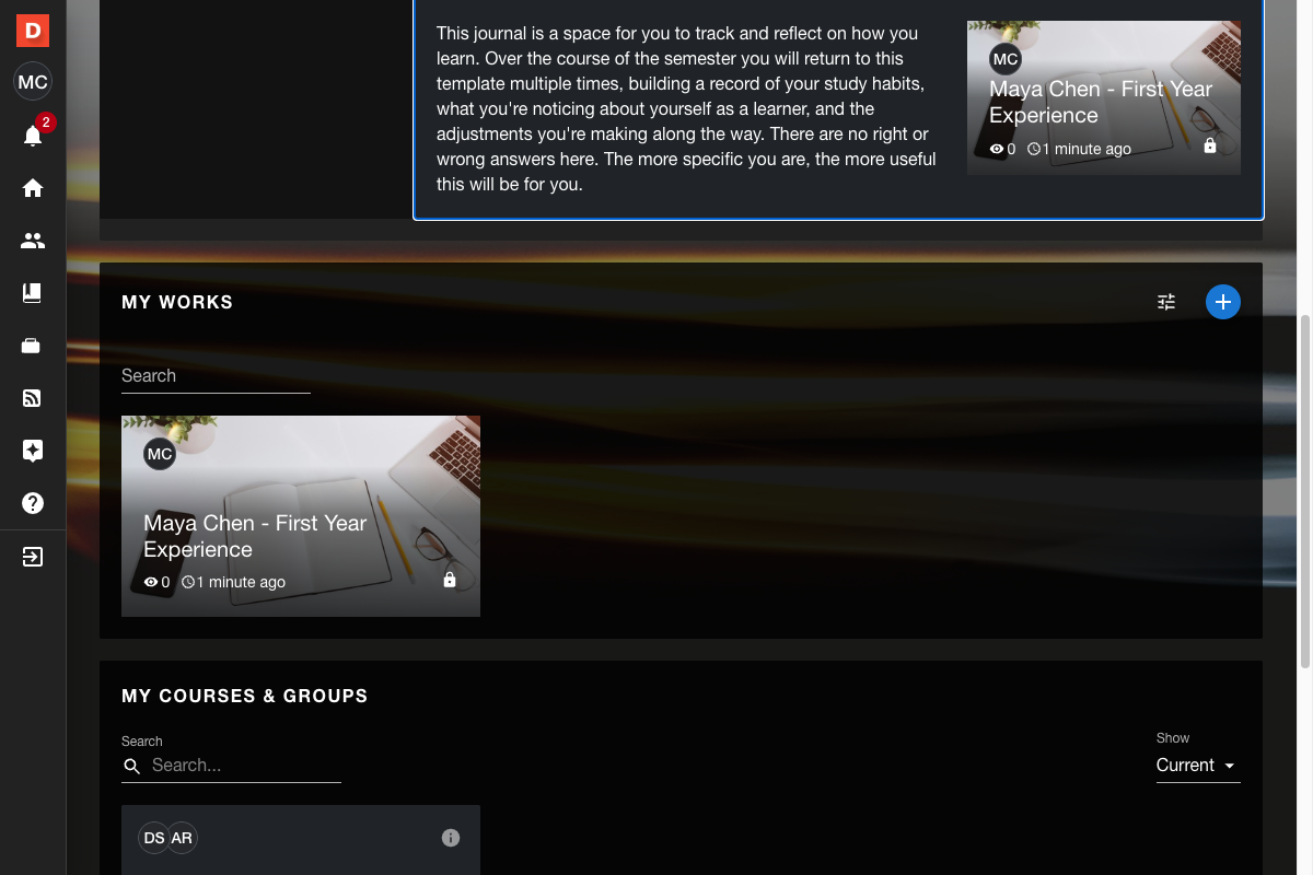 Dashboard showing My Works section with the newly created work in the list