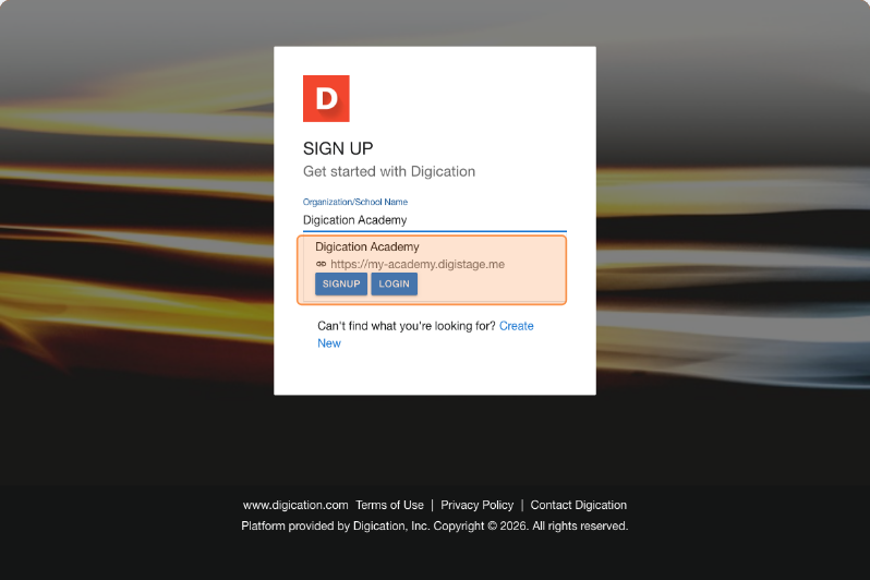 Search results showing a matching organization with options to join the existing system or create a new one