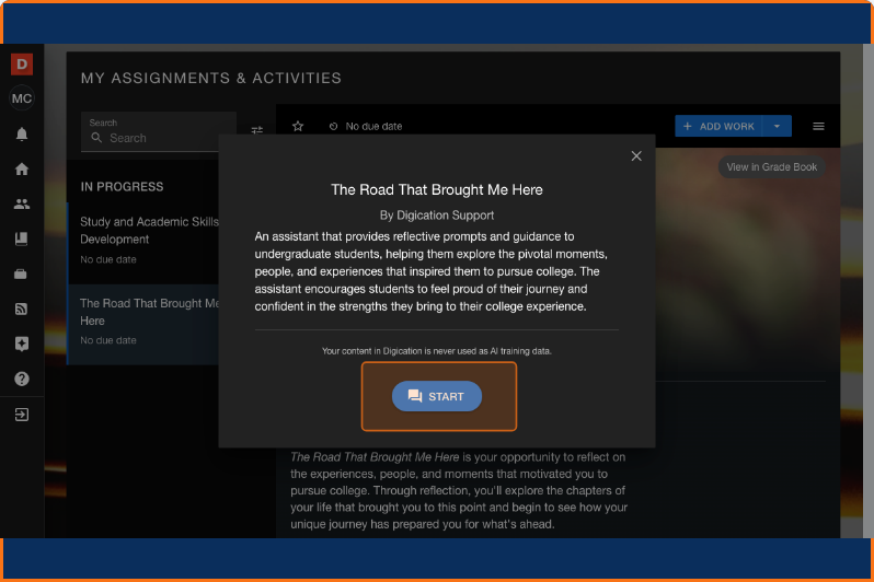 Assignment detail page showing instructions and a Start button to open the AI conversation