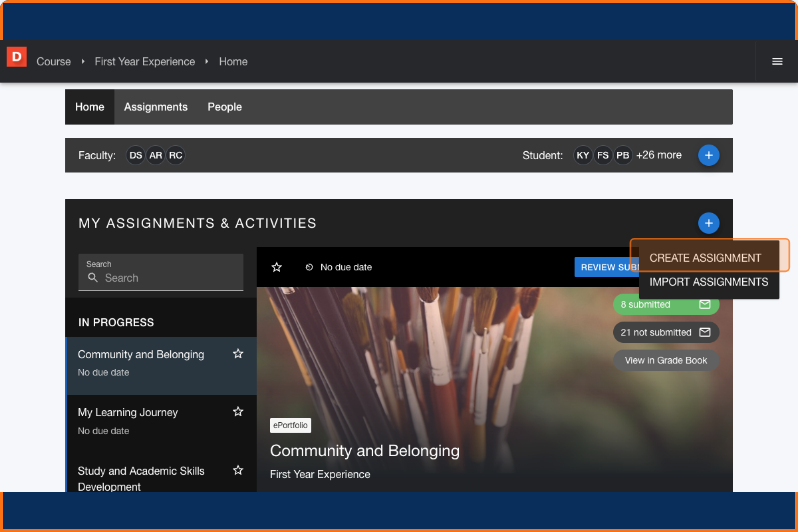 Faculty course dashboard with the Create Assignment button highlighted in the Assignments area