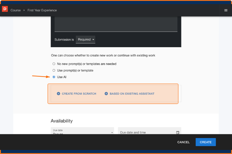Assignment creation screen with the Use AI option highlighted and selected, showing the two paths to add an assistant: Based on Existing Assistant and Create From Scratch
