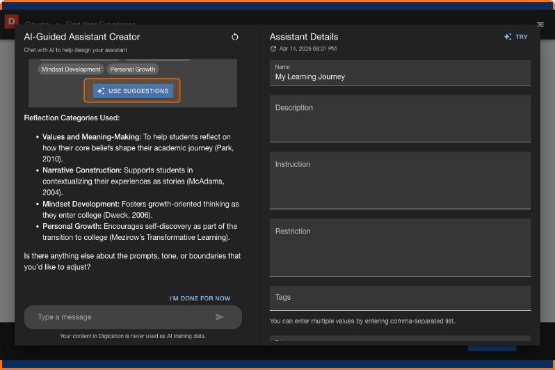 AI-Guided Assistant Creator showing the full set of suggestions with the Use Suggestions button highlighted