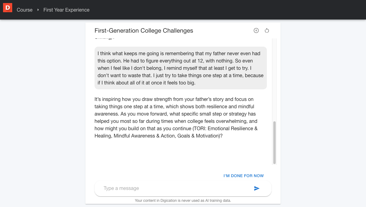 AI conversation with multiple exchanges showing the student's responses becoming more specific and reflective