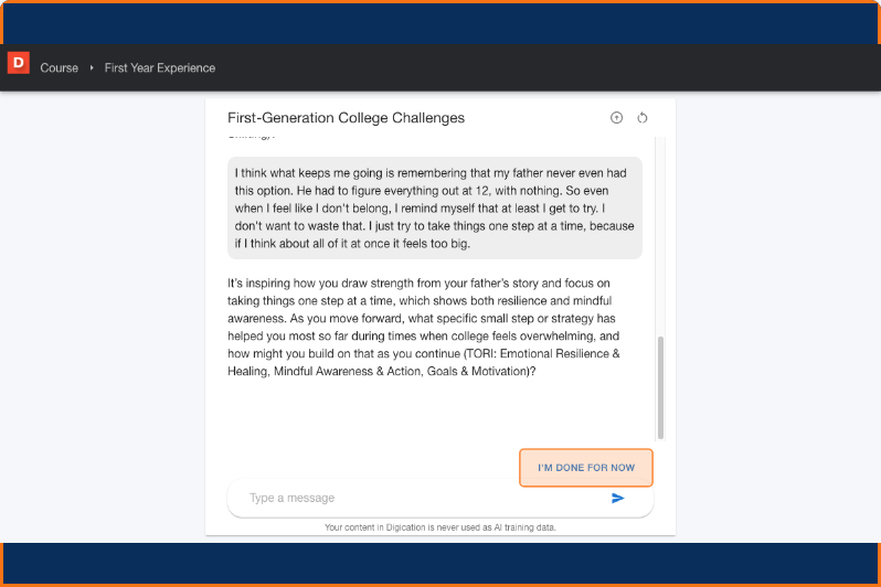 AI conversation interface with the I'm done for now button visible at the bottom