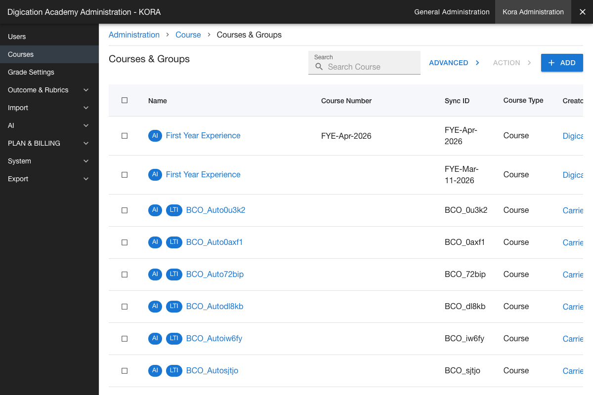 Admin panel course management area showing course list and import options