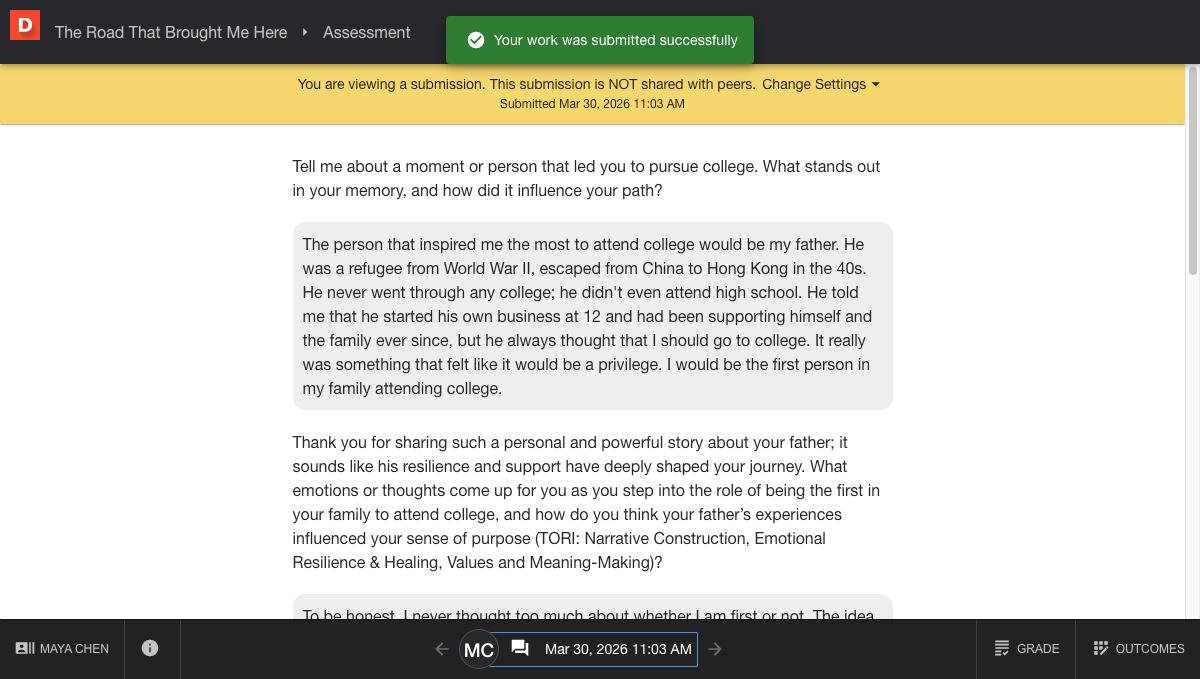 Submitted assignment showing the full AI conversation still visible in a read-only state