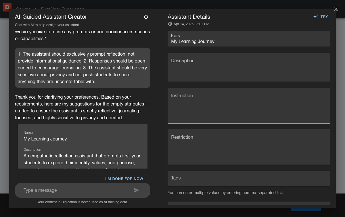 AI-Guided Assistant Creator conversation interface, with the faculty member describing assignment goals and the creator responding with suggested name, instructions, and restrictions