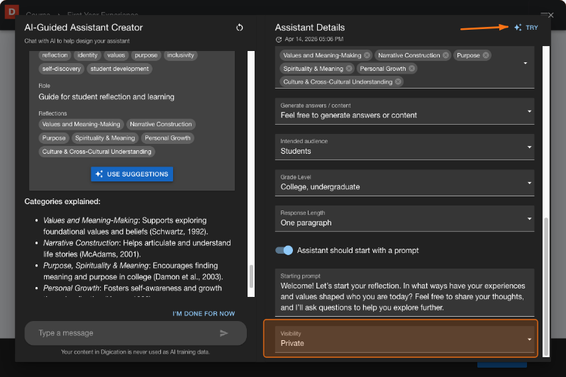Assistant Details section showing the visibility setting with options to keep an assistant private or share it with colleagues