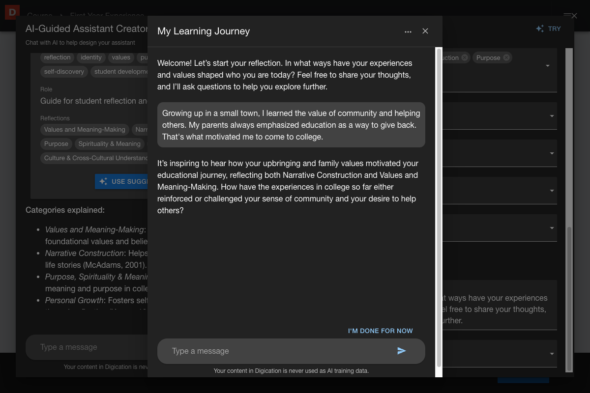 Assignment creation screen with the Try button highlighted and a short student-perspective conversation visible in the preview