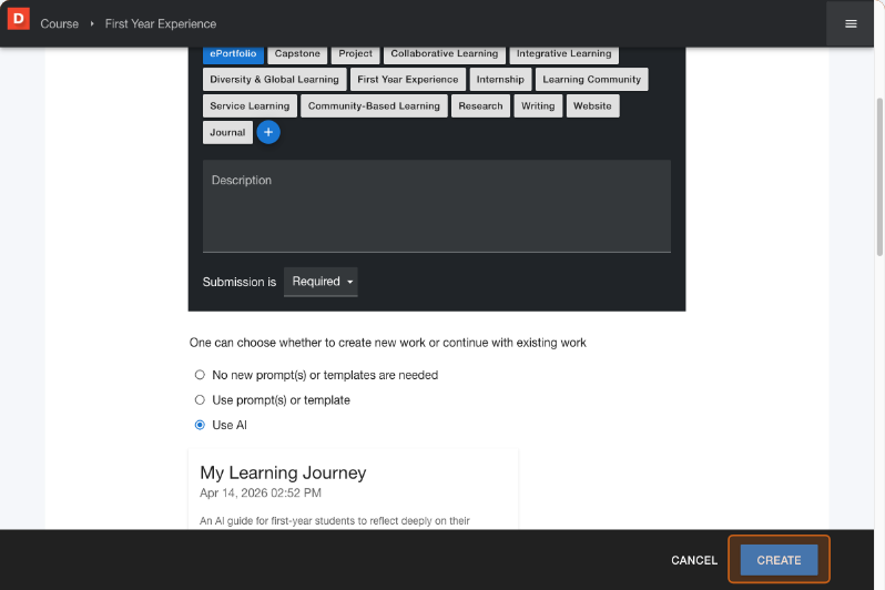 Assignment creation screen with the Create button highlighted, ready to publish the assignment