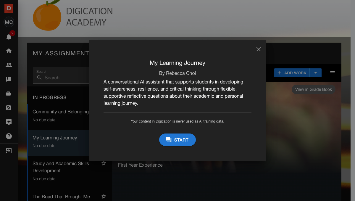 Student Assignments area showing the new AI assignment with Add Work and Start buttons in the flow