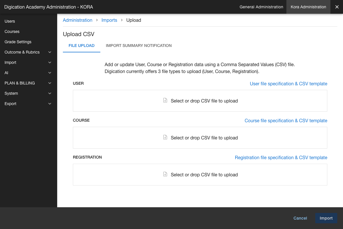 Admin panel user provisioning area showing invite and bulk import options