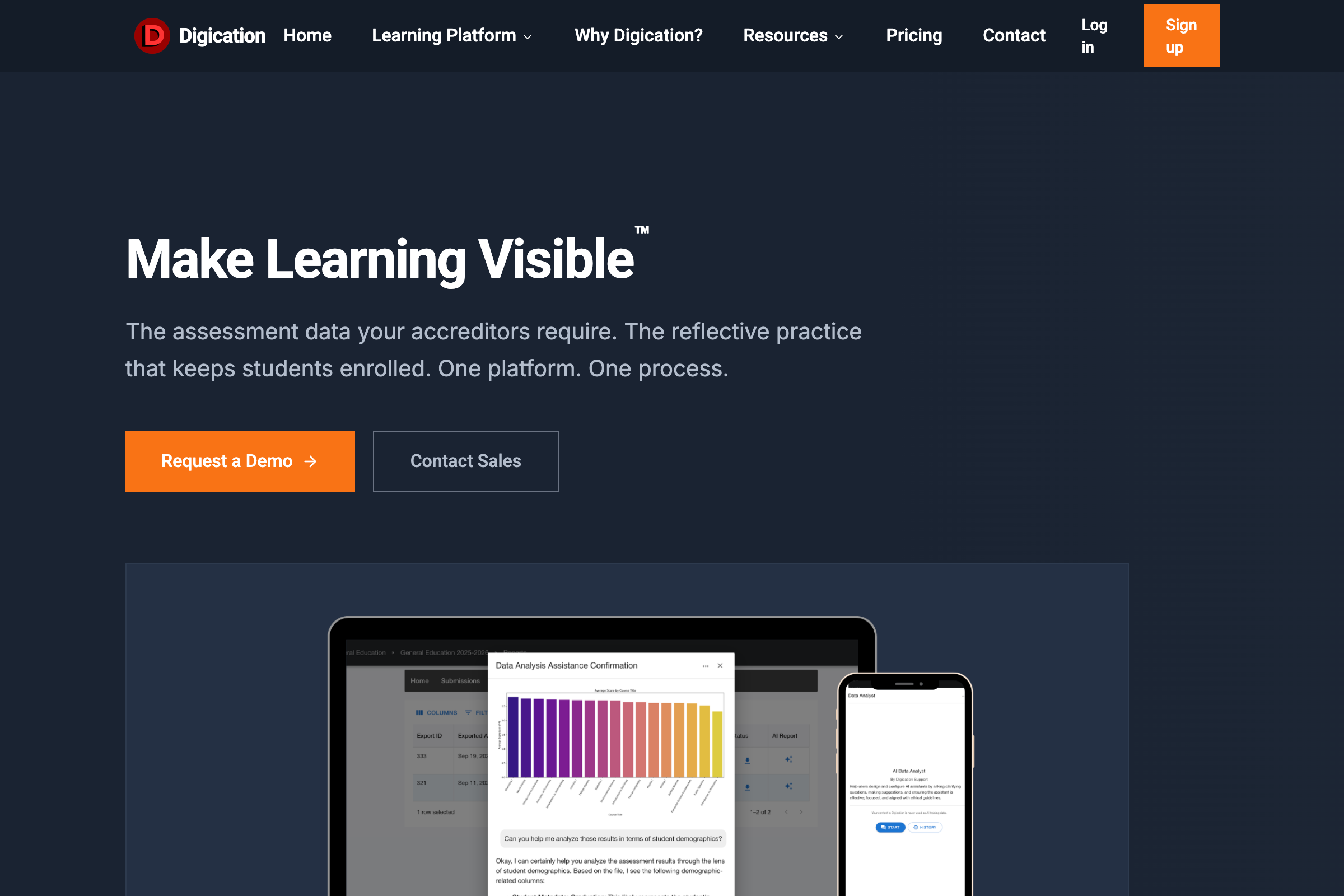 Digication homepage showing the Sign Up button and Login link below the Make Learning Visible heading