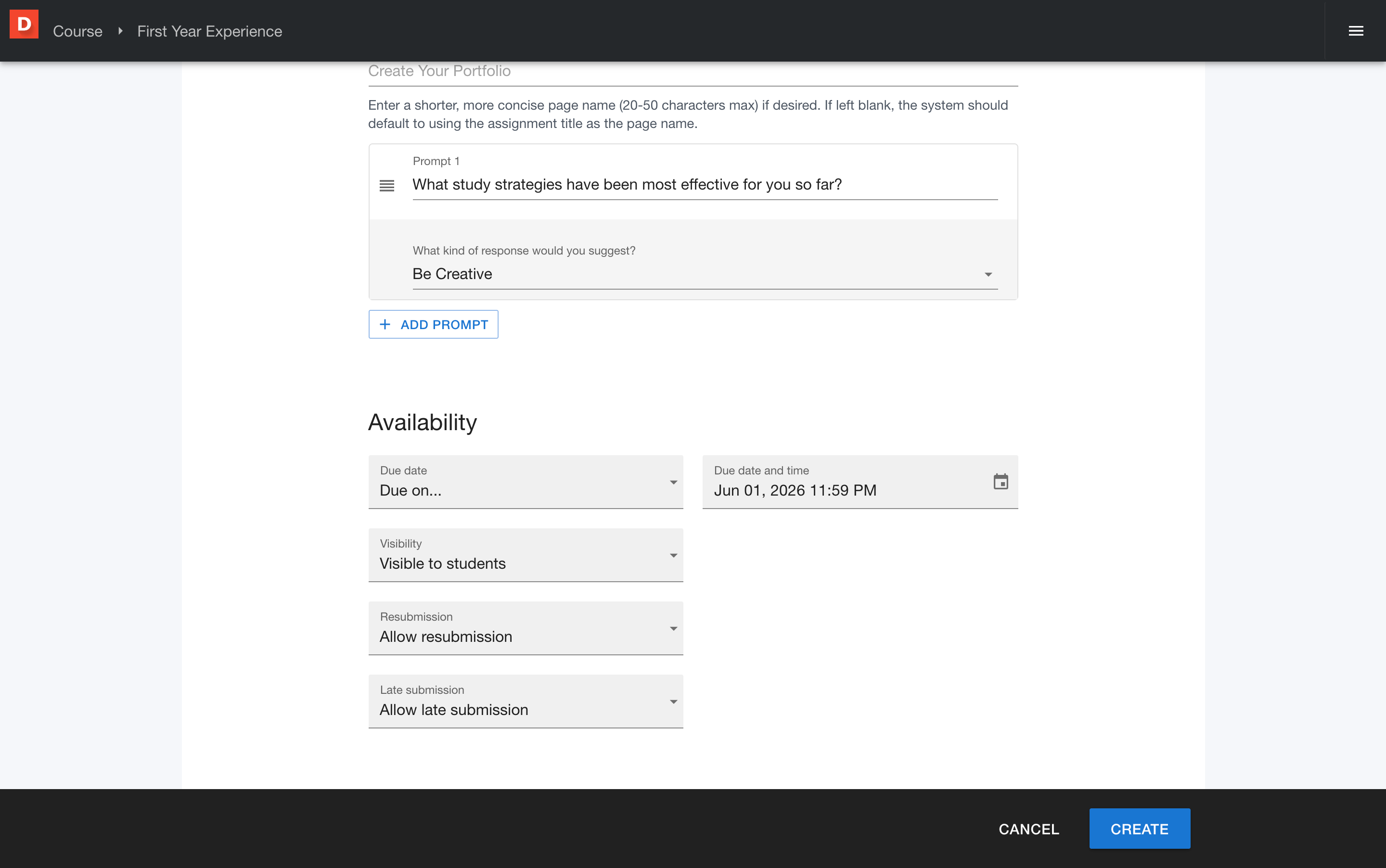 Assignment settings panel showing due date field and submission options